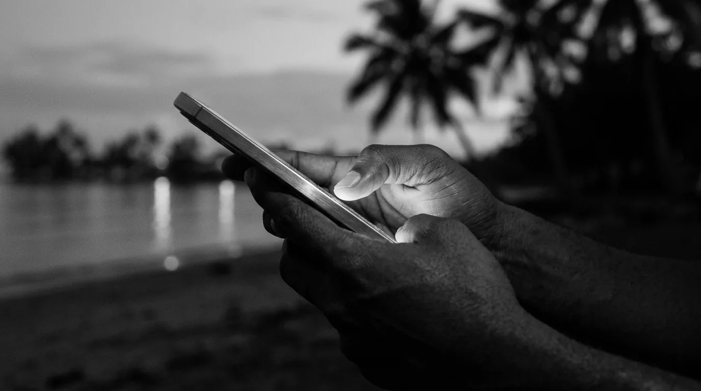 Hands using a smartphone at dusk on a palm-lined shoreline.